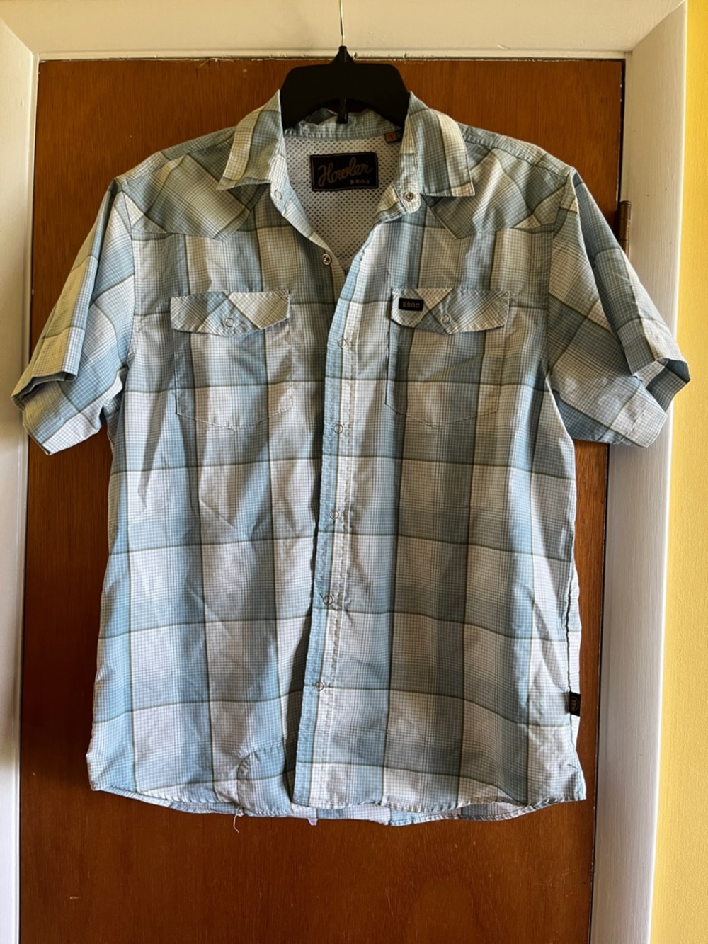 Howler Brothers Light Blue and White Plaid Short Sleeve Button-Up